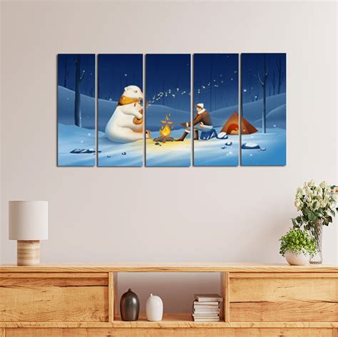 Polar Bear Playing Guitar In Snow Night Canvas Wall Painting With 5