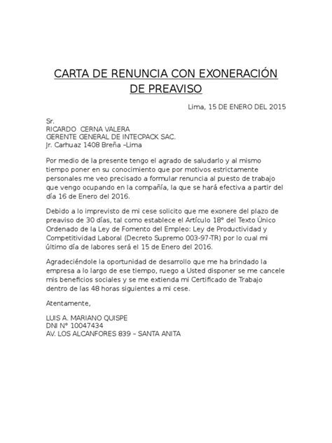 Carta De Renuncia Con Exoneracion De Los 30 Dias Soalan Bt
