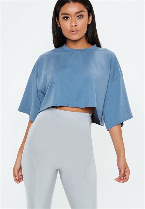Blue Drop Shoulder Oversized Cropped T Shirt Missguided Crop Top Outfits Sporty Outfits