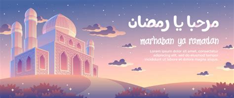 Premium Vector Sunset In The Evening Of Marhaban Ya Ramadan Greeting Card