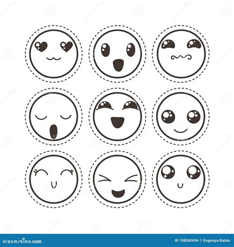 set of cute lovely kawaii emoticon sticker collection stock vector illustration of emotion