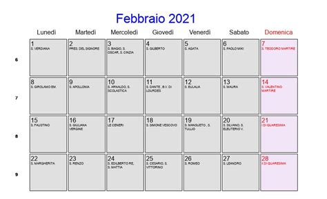 Calendario Febbraio 2021 Con Festività E Fasi Lunari Quaresima
