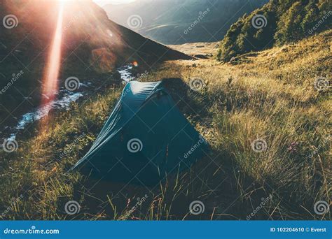 Tent Camping At Mountains Landscape Travel Lifestyle Concept Summer