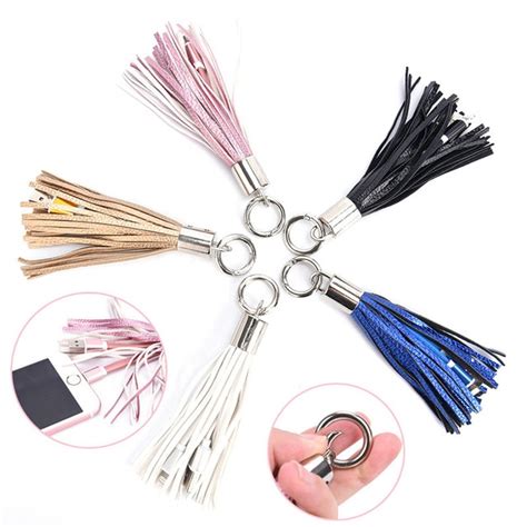 Novelty Usb Cable Leather Tassel Keychain Mini Fast Charger Metal