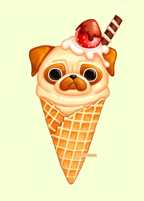 Pug Ice Cream 5x7 Kawaii Pug Dog Art Cute Animal Art Etsy