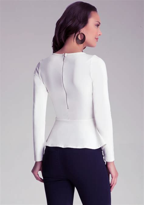 Bebe Long Sleeve Peplum Top In Denim White Lyst