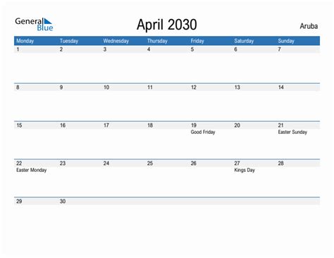 Editable April 2030 Calendar With Aruba Holidays