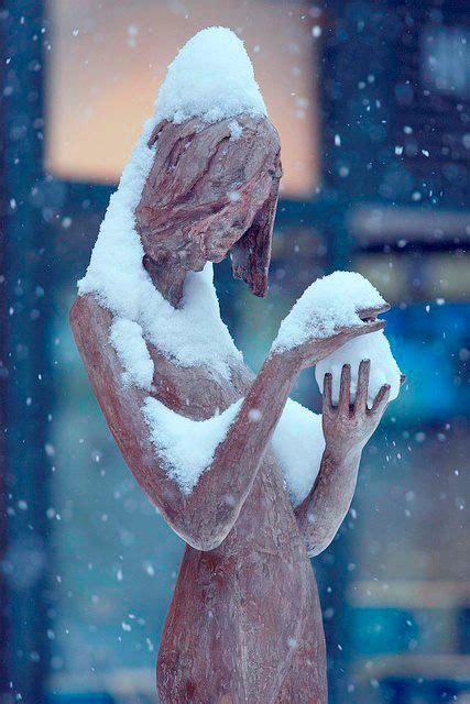 Sculpture In Snow Winter Scenes Winter Garden Statue