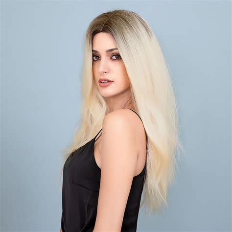 Long Wavy Asashair Wig Ombre Platinum Blonde Wigs With Brown Roots