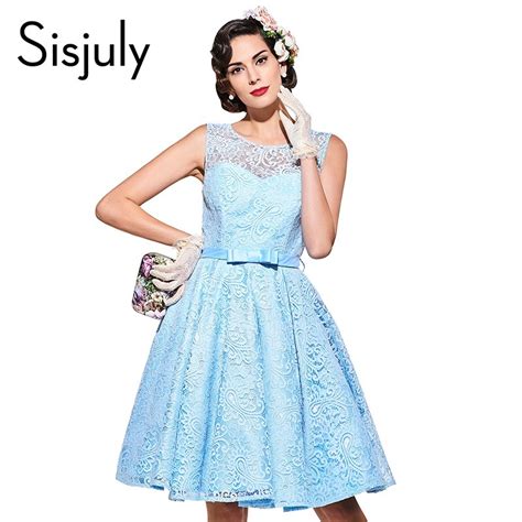 sisjuly vintage dresses blue lace solid women party dress 1950s style bow a lime o neck dresses