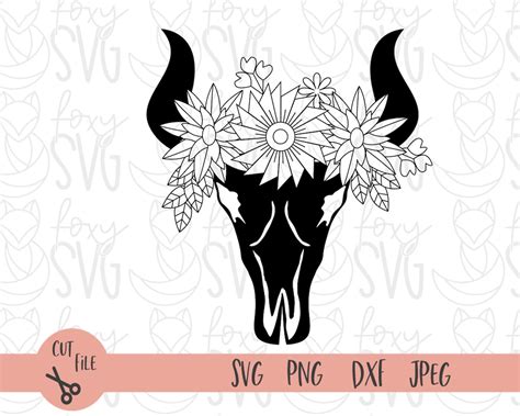 Cow Skull With Flowers Svg File Cow Skull Feathers Svg File Cow Skull Floral Feathers Svg Cow