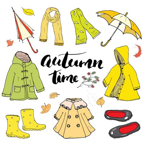 Autumn Season Clothes Set Hand Drawn Doodles And Lettering Vector