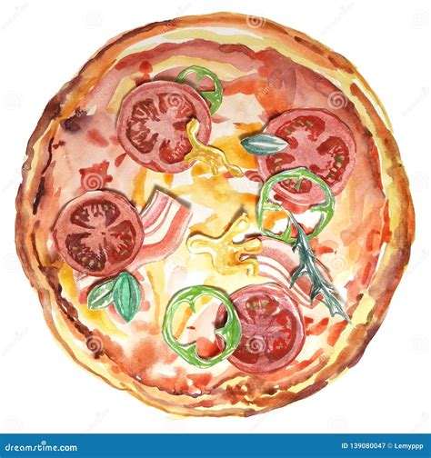 Fresh Watercolor Pizza Italian Food Drawing Meal Stock Illustration