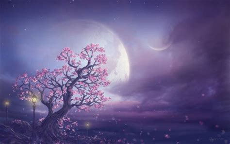 Pink Moon Fantasy Art Cherry Blossoms Painting Art And Creative