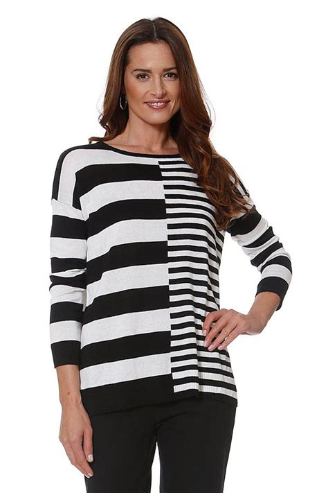 3 4 Sleeve Mixed Stripe Top In Black White Style 821 Stripe Top