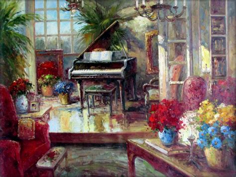 Ex Large Grand Piano At Living Room Corner Hand Painted Oil Painting