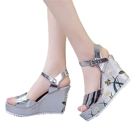 Youyedian Women Shoes Wedges Print Lady High Heels Platform Buckle