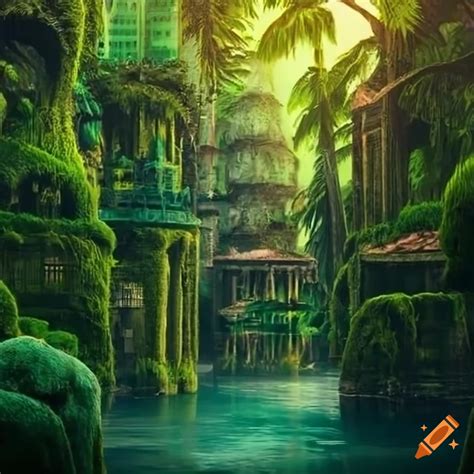 Tropical Fantasy City With Moss Covered Buildings On Craiyon