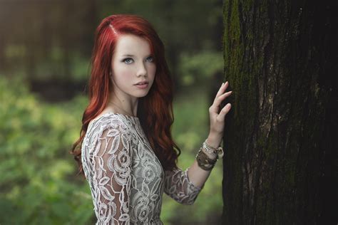 Women Redhead Trees Look Face Bokeh Long Hair