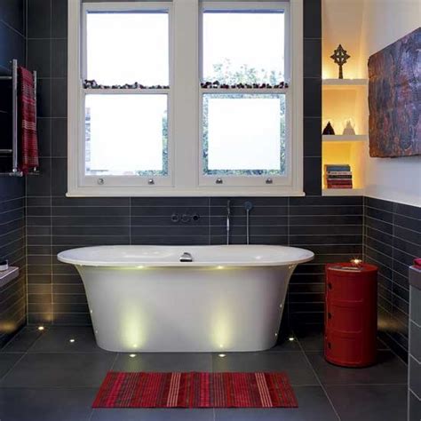 Symmetrical double vanity bathroom marble counters. Red and black bathroom | Bathrooms | Design ideas ...