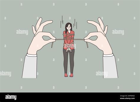 Stressed Woman Tied With Rope By Huge Hands Stock Vector Image Art