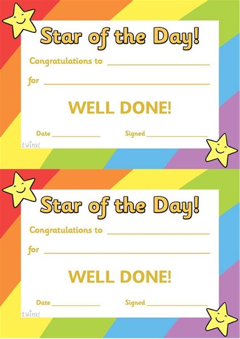 Printable fill in gift certificates. Free Printable! Use these Star of the Day Certificates to ...