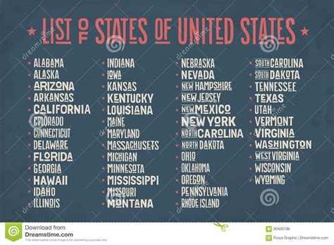 List Of States Of United States Of America Stock Vector Illustration