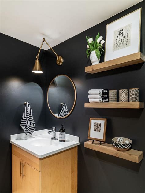 Contemporary Black Guest Bathroom With Floating Shelves Hgtv
