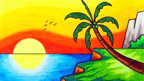 How To Draw Beautiful Sunset Over The Sea Easy Nature Scenery Drawing