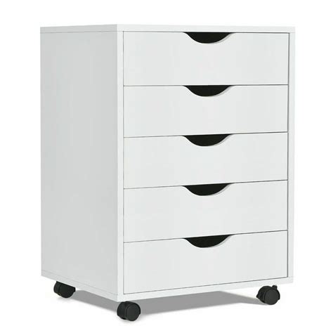 Gymax White 5 Drawer Dresser Storage Cabinet Chest With Wheels For Home