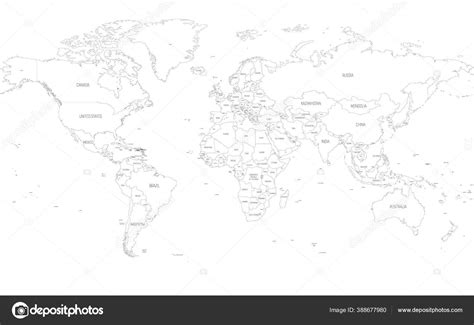 Map Of World Detailed Thin Black Outline Political Map With Country