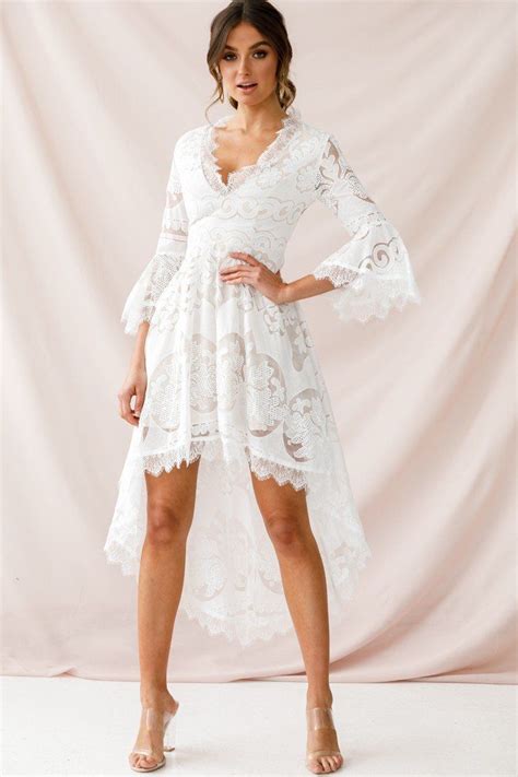 Shop The Chantilly High Low Bell Sleeve Dress White Selfie Leslie