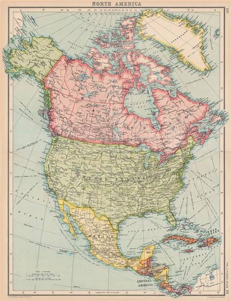 North America General Map Bartholomew 1924 Old Vintage Plan Chart