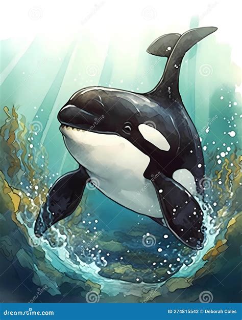 Cartoon Orca Watercolor Illustration Happy Underwater Whale Swimming In