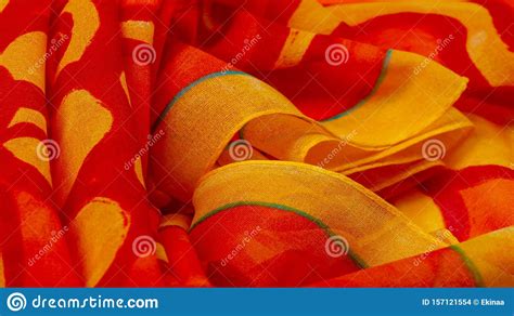 Texture Silk Fabric Red Background With Painted Yellow Flowers Fabric