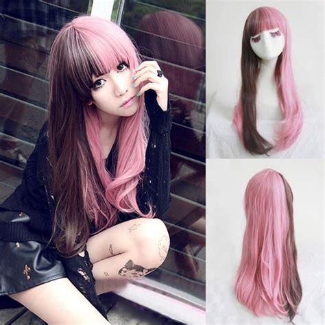 Fashion Lolita Brownpink Hair Long Curly Wavy Full Wigs Cosplay Party