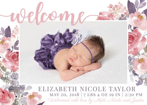 Floral Birth Announcement Template Newborn Announcement Girl Baby