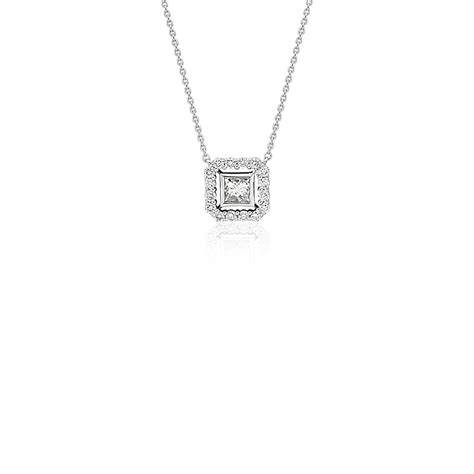 Princess Cut Diamond Floating Halo Necklace In 18k White Gold 14 Ct