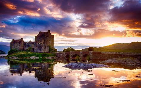 Scotland Castle Water Reflection Sky Clouds River Bridge