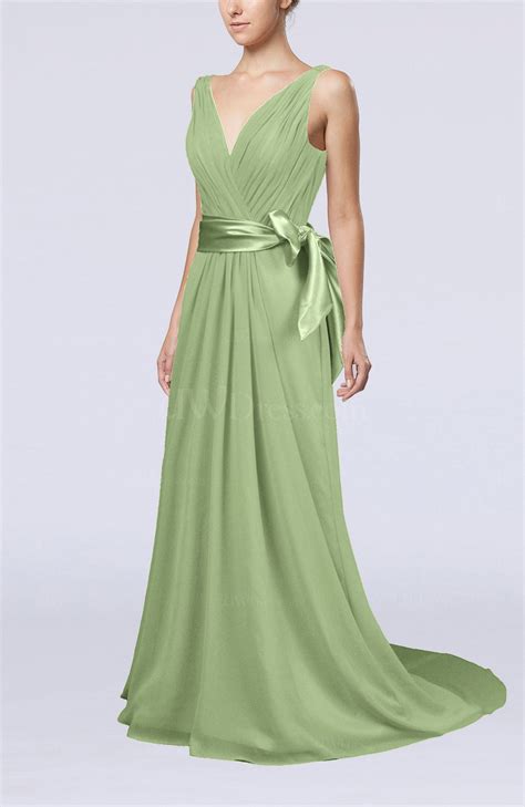 Sage Green Elegant A Line V Neck Sleeveless Chiffon Ruching Bridesmaid