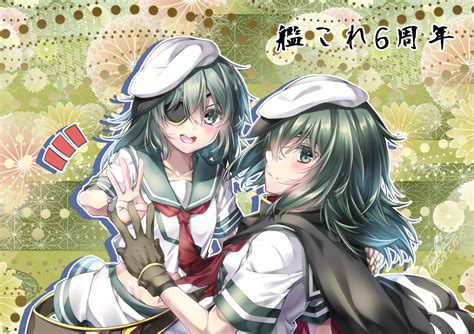 anthropomorphism blush eyepatch gloves green green eyes green hair hat kantai collection kiso