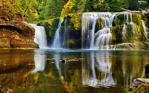 Forest Waterfall Lake Rocks Beautiful Views