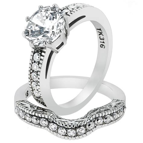 Artk1w007 Stainless Steel 229 Ct Round Cut Cz Vintage Wedding Ring Set Womens Size 5 10