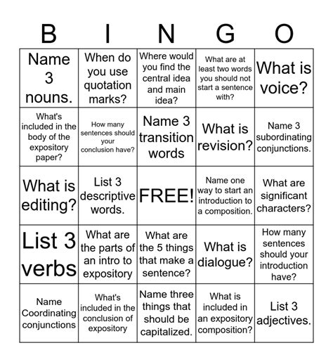 Writing Bingo Card