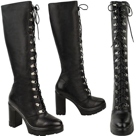 Ladies Womens Knee High Boots Chunky Platform Goth Combat Lace Up Grip