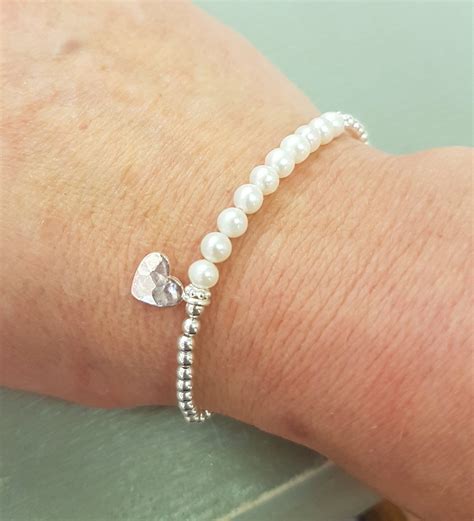 Small Freshwater Pearl Stretch Bracelet Sterling Silver Hammered Heart