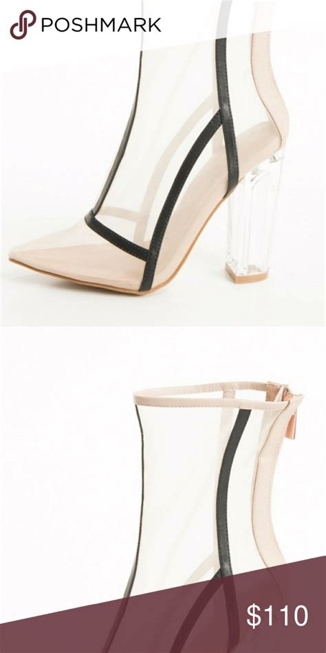 Shoes Boots Nude Ankle Booties With Sleek Black Lines And Clear Heels
