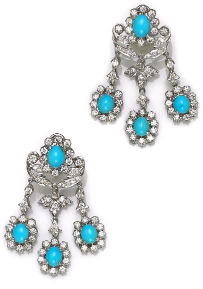 A Pair Of Turquoise And Diamond Chandelier Earrings Featuring Oval