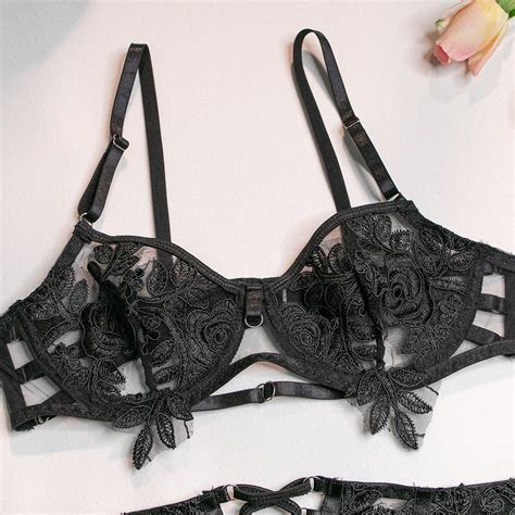 Embroidery Seductive Lingerie Mesh Bikini See Through Erotic Underwear Strappy Garter Floral