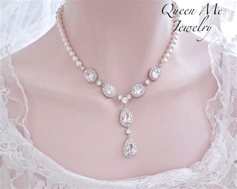 Pearl Statement Necklace For A Bride Cz Wedding Necklace With Etsy In